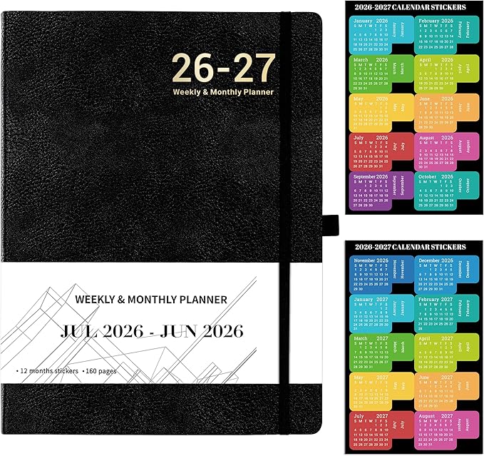 Planner 2026-2027 - JUL 2026 - JUN 2027, Planner Weekly and Monthly, Planner 2026-2027, 8.5" x 11", Leather Cover Planners with Thick Paper, Back Pocket with Notes Pages, Black