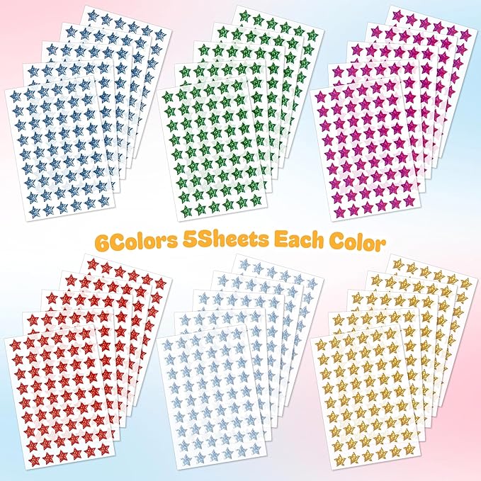 1,620 Holographic Glitter Star Stickers 0.6", 6 Colors Self-Adhesive Mini Stickers for Kids, Classroom, Teacher Supplies, Behavior Charts, Planner, Scrapbooking, Holiday, Party Favors and DIY Crafts