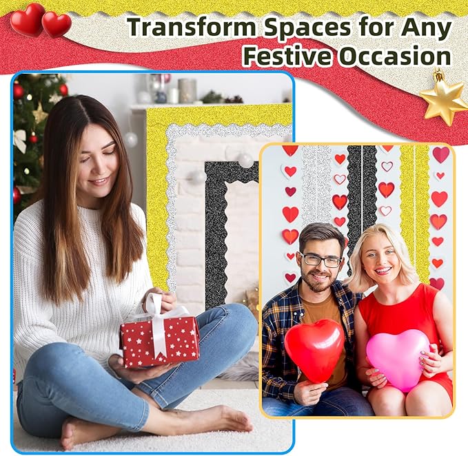 3 Rolls 98.4 Ft Glitter Bulletin Board Borders Set - Sparkly Classroom Borders for Bulletin Board Decorations - Office, School Supplies, Home DIY - Perfect for Teachers, Posters & Birthday Party Decor