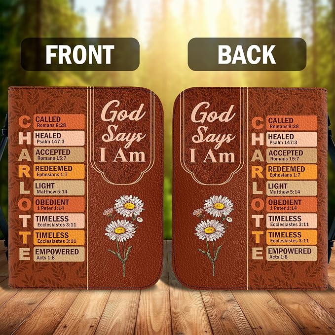 Personalized Man of God Bible Cover, God Says I Am Bible Case PU Leather, Bible Holder Handle Zipper, Faith Scripture with Name Case Bag, Religious Gifts for Church Christians Women Men (GOD-06)