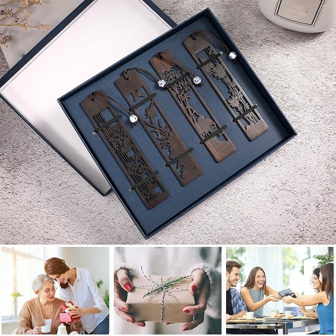 Outus 4 Pieces Wooden Bookmarks for Men Women Employee Father's Day Appreciation Gifts for Men Back to School Gifts Vintage Handmade Natural Carving for Book Lovers Birthday(Hollow Style)