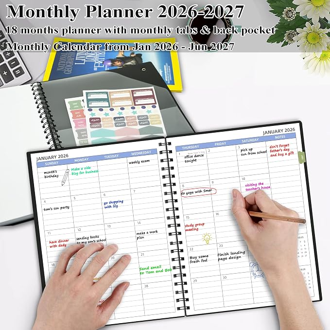 2026-2027 Monthly Planner (7.4'' x 9.6''), 18 Months Calendar Planner from Jan 2026-Jun 2027, Agenda 2026 with Pocket, 120GSM Paper, Black