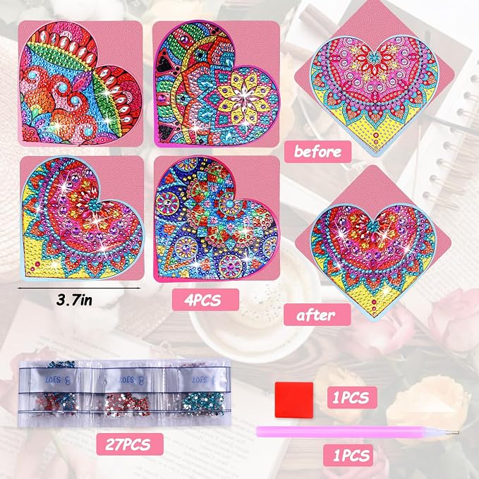 Heart Diamond Art Bookmarks, 4 PCS Diamond Art Bookmarks for Book Lovers, Diamond Art Accessories DIY Corner Bookmark Kits