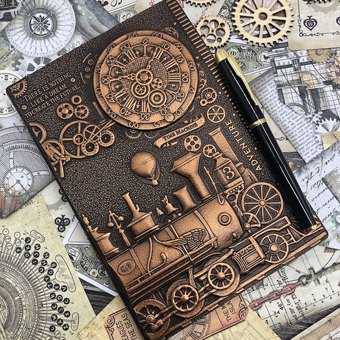 Vintage Train Embossed Leather Writing Journal Notebook with Pen Set,Antique Handmade Daily Notepad Sketchbook,Travel Diary Notebooks to Write in,Gift for Men Women (A5(8.4"*5.7"), RedBronze)