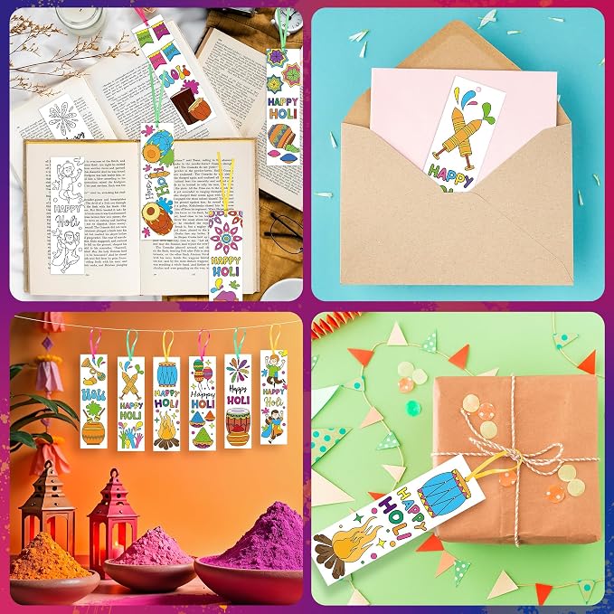 ANGOLIO Holi Coloring Your Own Bookmarks - 123Pcs Happy Holi Coloring Bookmarks DIY Blank Reading Page Holder for Indian Festival Holiday, Religious Students Rewards Party Goodie Fillers Supplies