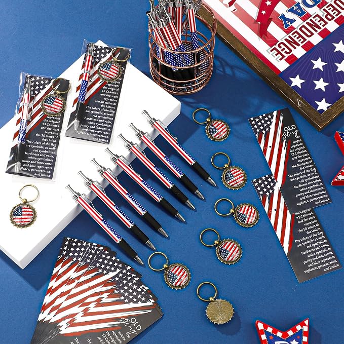 Sayglossy 24 Sets 4th of July Gifts Bulk American Patriotic Flag Ballpoint Pens Inspirational Keychains and Bookmarks for 250th Anniversary Independence Day Party Supplies