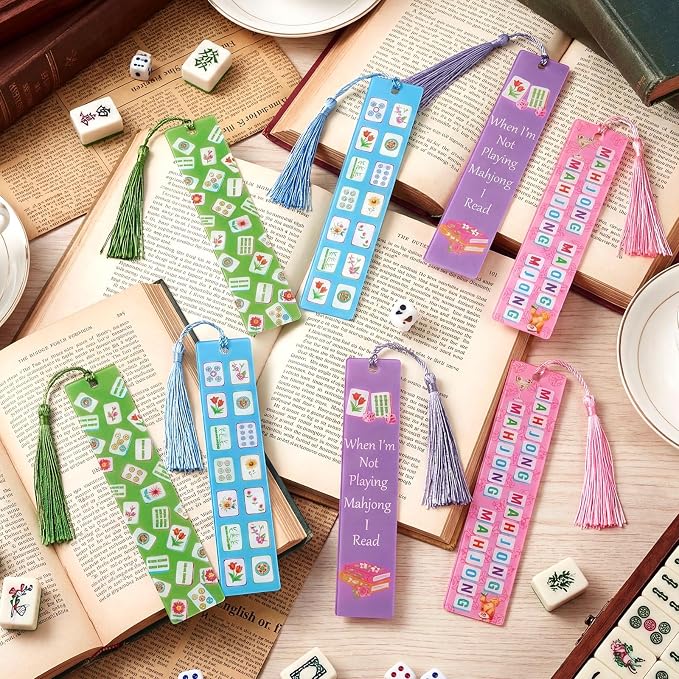 Eaasty 8 Pcs Mahjong Acrylic Bookmarks Bulk with Colorful Tassels Mah Jong Reading Gifts Ideas Accessories for Mahjong Player Valentines Women Teacher Students Book Lovers