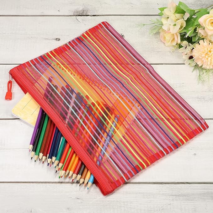 MECCANIXITY Mesh Zipper Pouches, A4 Colorful Pencil Case Document File Bags Storage Organizer for Office Supply Travel Accessory, Red Pack of 6