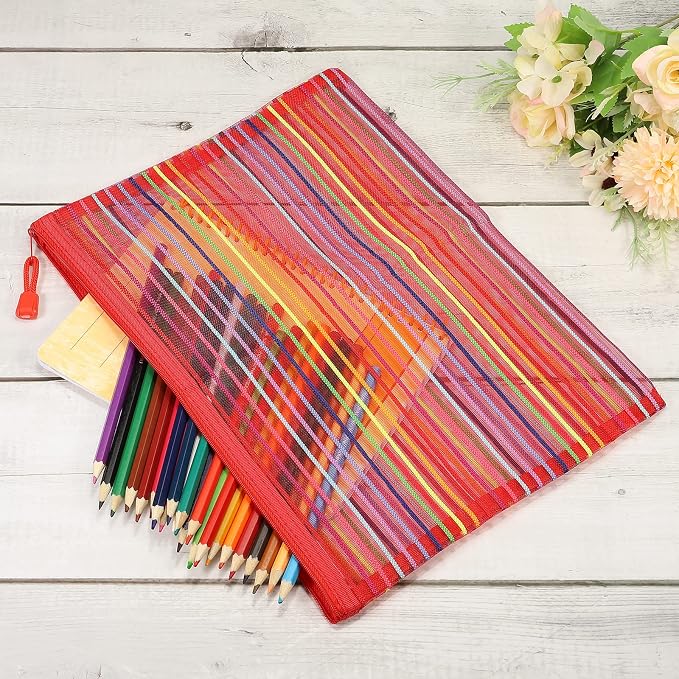 MECCANIXITY Mesh Zipper Pouches, A4 Colorful Pencil Case Document File Bags Storage Organizer for Office Supply Travel Accessory, Red Pack of 6