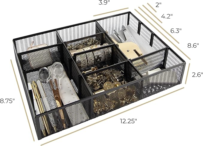 BLU MONACO | Black Metal Mesh Desk Drawer Organizer Tray | 12 Adjustable Compartments & 9 Removable Dividers | Space-Saving Office Supplies Organizer for Drawers, Vanity, Kitchen & Workspace Storage