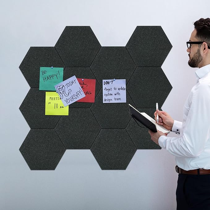 Vienrose Hexagon Felt Bulletin Board Self Adhesive Pin Board Wall Decoration Tiles with 35 Push Pins for Office Home and School, Black 12 Pack