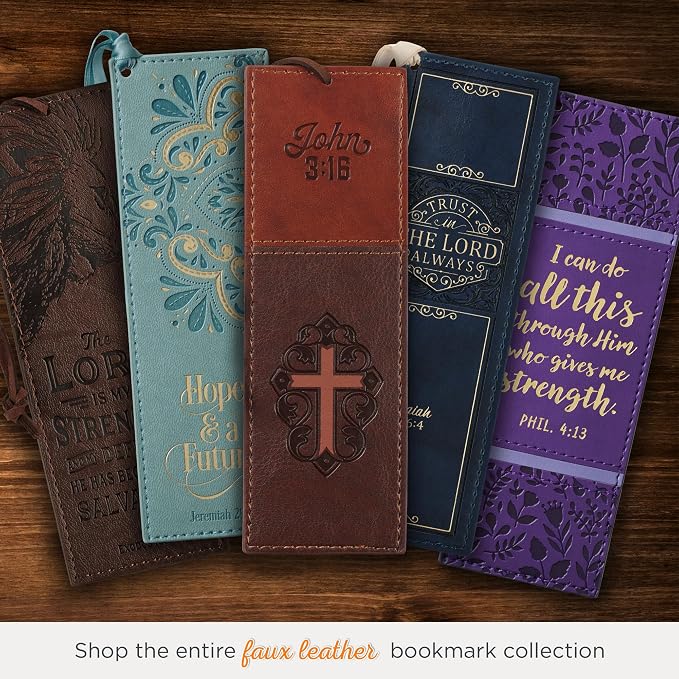 Christian Art Gifts Premium Vegan Faux Leather Scripture Bookmark for Men & Women: Cross - John 3:16 Inspirational Bible Verse, Heat-Debossed, Faith-Based Reading Accessory with Cord, Two-Tone Brown