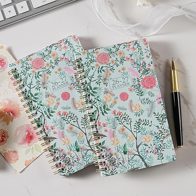 Pocket Calendar 2026-2027 - 2026-2027 Pocket Planner for Purse, Jul. 2026 - Jun. 2027 Planner Weekly and Monthly, 4.1'' × 6.8'', 12 Months Tabs, Strong Twin-wire Binding, Floral Cover