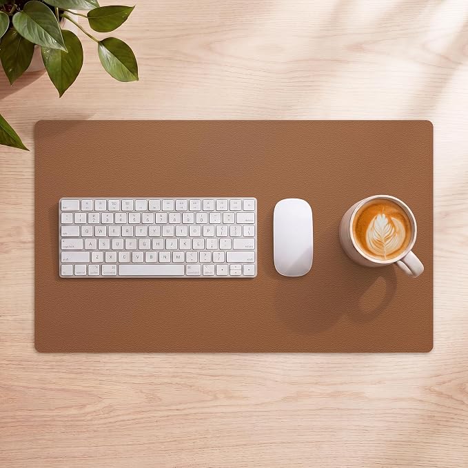 AFIING Leather Desk Mat 35.4" x 17", Brown | Dual-Sided Cork & PU Leather, Large Mouse Pad, Non-Slip & Waterproof