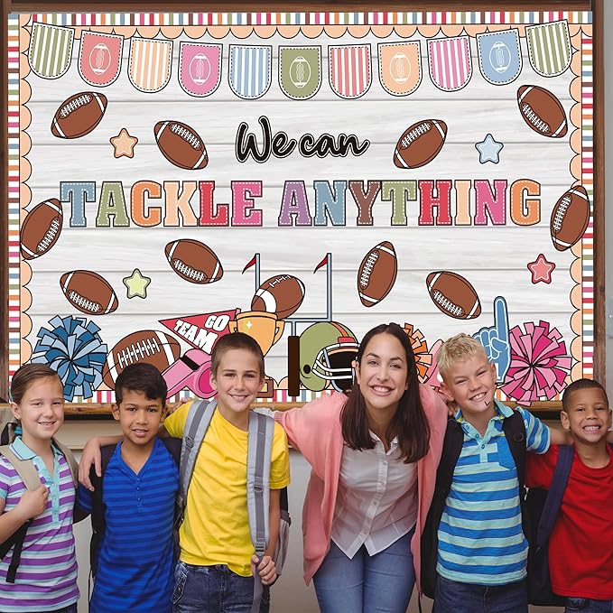 Sports Football Bulletin Board Set Classroom Decorations We Can Tackle Anything Inspirational Bulletin Board Football Theme Cutouts for School Office Chalkboard Whiteboard Wall Window Decor