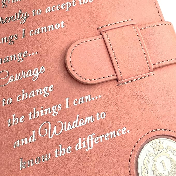 Galileo® Double AA Big Book Cover & 12 Steps & 12 Traditions | PU Leather | Coin Holder | AA Book Covers for Hardcover | AA Gift | Alcoholics Anonymous (Serenity Prayer/Pastel Peach)