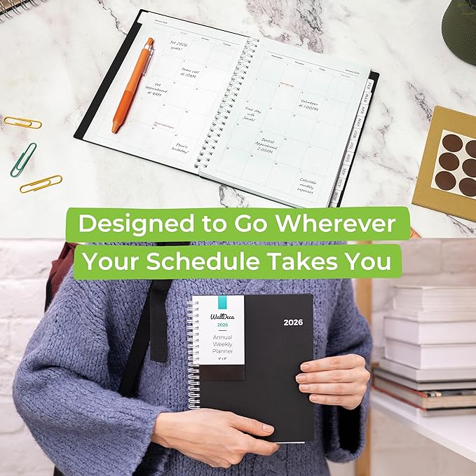 WallDeca 2026 Planner, Agenda Planner With Weekly And Monthly View, Daily Agenda Book And Yearly Planners Calendar Book, Spiral Bound With Tabs, Notes, Goals And Holidays (8 x 6 in)