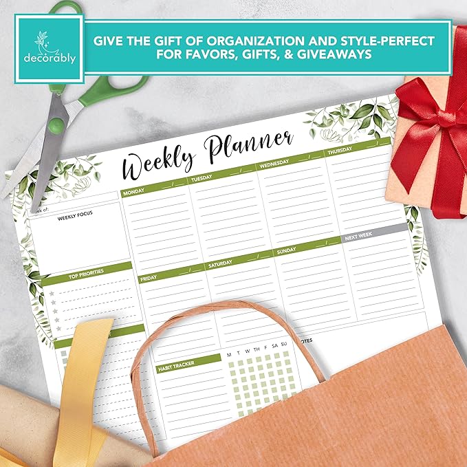 Decorably 52 Sheets Forest Green Undated Weekly Planner Tear Off Pad - 6.5x10in Spring-Bound Desk Notepad, for Focus, Priorities, to-Do List, Habit Tracker, Agenda, Notes - Home, School, Office