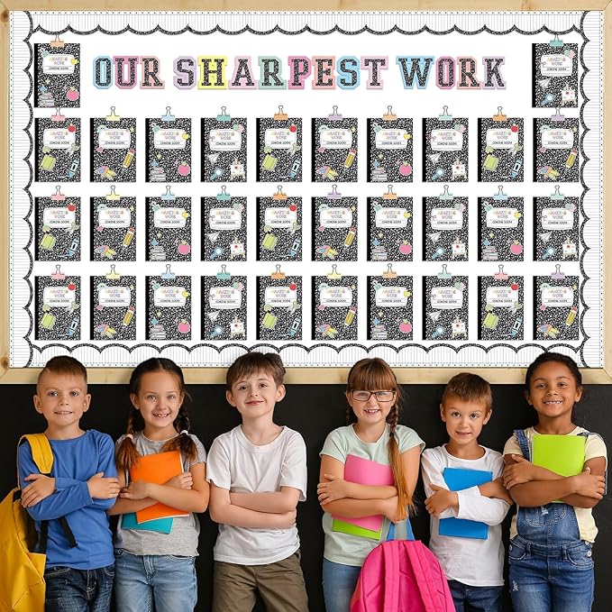 Wiooffen 154 Pcs Student Work Display Bulletin Board Set Cutouts with Clips Names Display Inspirational Student Works Classroom Wall Decor for Teachers Back to School Supplies Composition Notebook