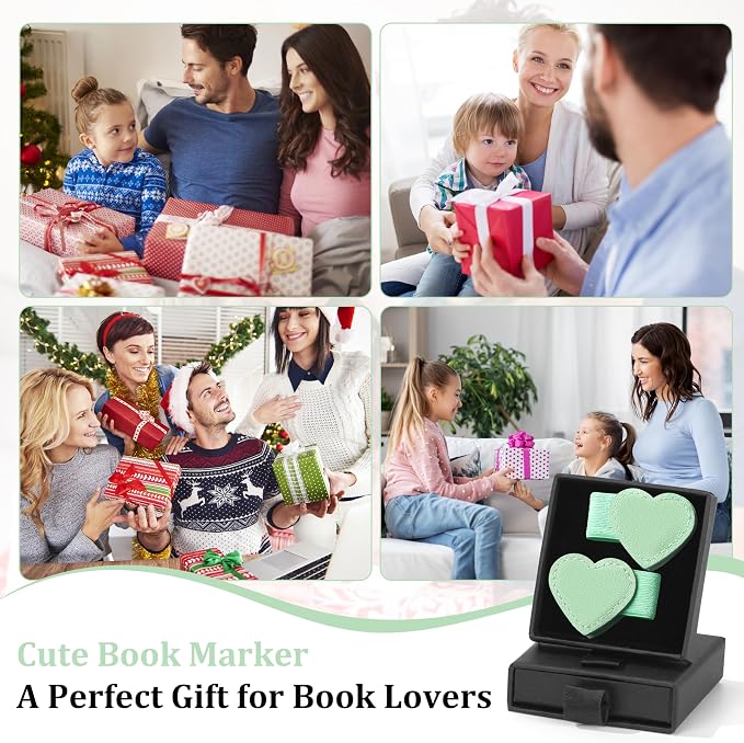 2Pcs Magnetic Leather Heart Bookmarks with Pen Holder, Cute Book Markers Clip with Gift Box, Reading Accessories for Book Lovers Women Teachers Students, Green