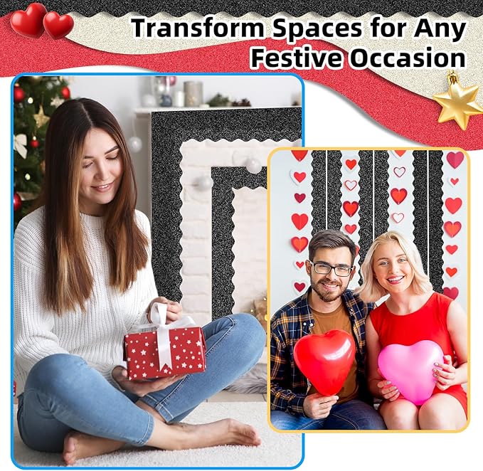 3 Rolls 98.4 Ft Glitter Bulletin Board Borders Set - Black Bulletin Board Decorations for Classroom, Office,School Supplies & Home DIY - Perfect for Teachers, Posters & Birthday Party Decor