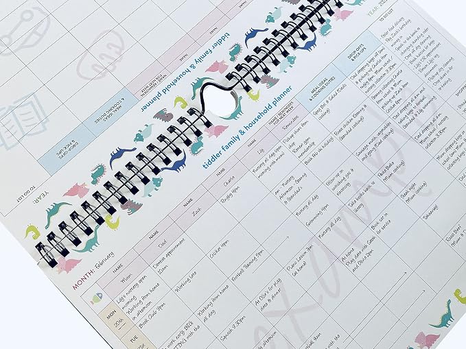 tiddler family & household planner | Undated Weekly Family Organizer / Planner Calendar | Clever Layout in A4 Size (11.7" x 8.3") | Space For 6 People & 1 Years Planning | Packed With Useful Features (Dinky Dinos)