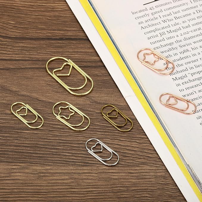 MECCANIXITY Paper Clip Heart-Shaped Cute Decorative Fun Clips Bookmarks 1.2 Inch Gold Tone for Organize Office Home, Pack of 50