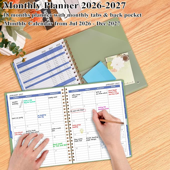 2026 Monthly Planner (7.4'' x 9.6''), 18 Months Agenda Planner from Jul 2026-Dec 2027, Calendar Planner 2026-2027 with Tabs & Pocket, 120GSM Paper, Green