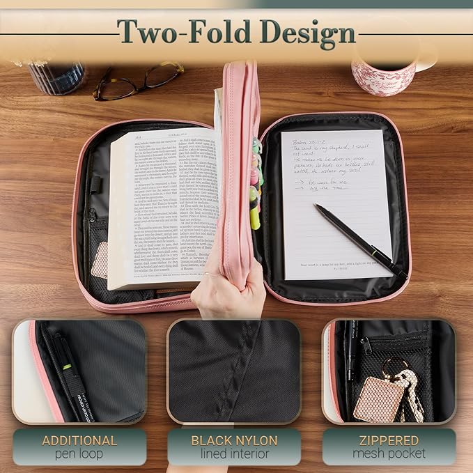 Christian Art Gifts Inspirational Vegan Leather Two-fold Organizer Bible Cover for Women, Jesus Fish Badge, Sturdy Carry Handle, Pen Loops, Pockets, Pen/Highlighter Combo & Notepad, Pink, Medium