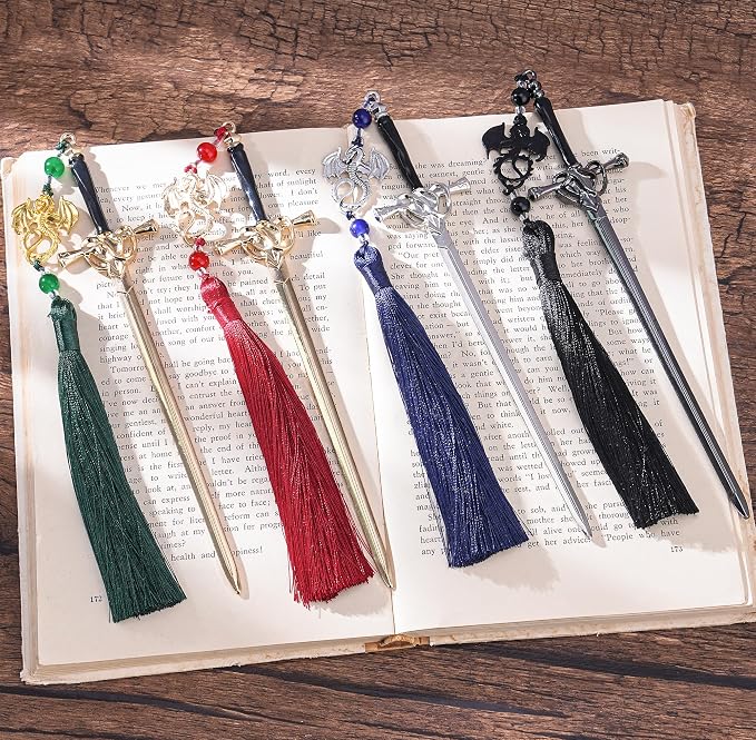 Dragon Sword Metal Bookmarks - Fantasy Fourth Wing Book Mark Gift Reading Men Cool Aesthetic Merch Green Tassels Page Marker Funny Book Lover Novel Fans Boy Student Teacher School Supplies