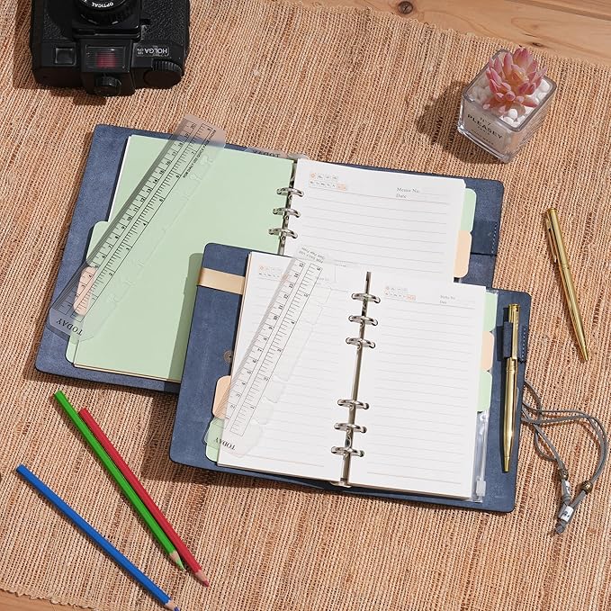 WONDERPOOL Leather Journal Lined Paper Notebook & Pen - Refillable 6 Ring Binder Writing Spiral Diary with Ruled Notepads Vintage Cover for Office Travel Work and Plan Agenda (a-Black, A6)