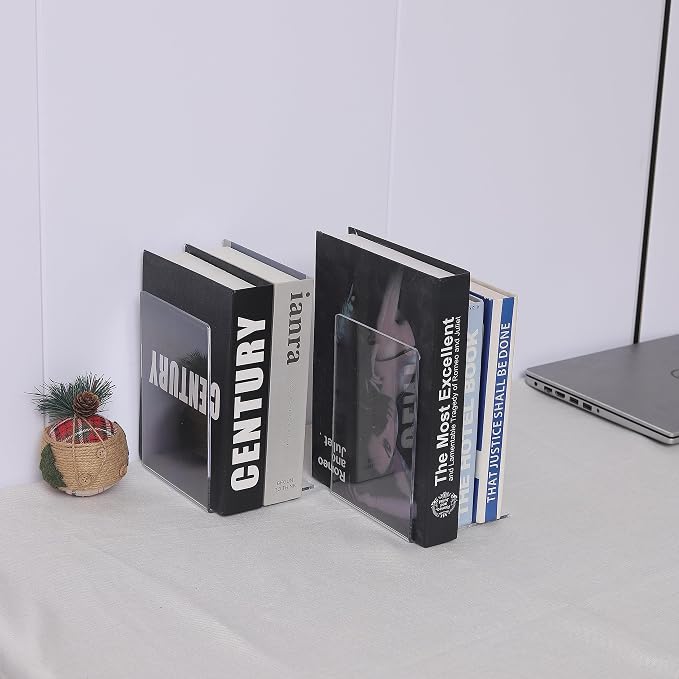 4pcs Clear Book Ends for Heavy Books,Acrylic Book Shelf Organizer for Desk,Plastic Heavy Duty Book Holders Stand and Invisible Bookshelf Dividers Decorative,Suitable for Office Home Weighted Bookends