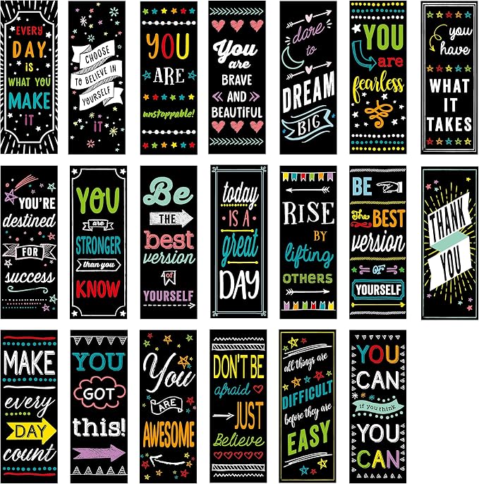 Iconikal 25-Pack Inspirational Bookmark Magnets Motivational Gratitude Kindness Phrases 2.25x6-Inch 25 Unique Designs Classroom Gifts Office Decor