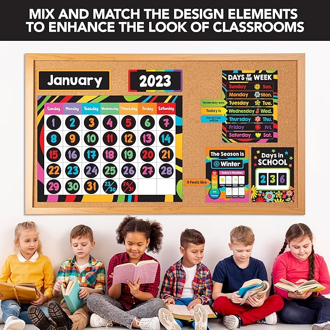 Decorably 143 Pcs Cutouts Inspirational Chalkboard Vibrant Classroom Calendar Set Bulletin Board with Borders - Gloss-Laminated Cardstock for School Hallways, Study Room