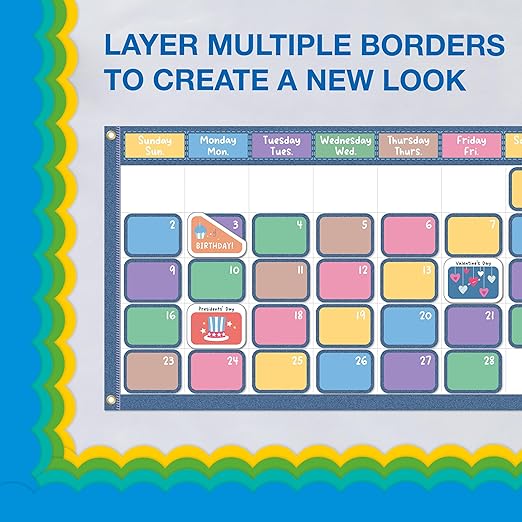IXL 5 pc Bundle of Colorful Bulletin Board Borders, 65ft Rolls of Green, Blue, and Yellow Scalloped Trim for Rolling Whiteboard, Cork and Posterboard, Party, Office Decorations, and Classroom Decor