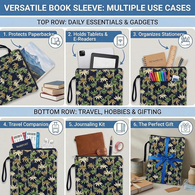 Book Sleeve for Paperbacks – Padded Book Cover with Zipper, Dust-Proof Protector Sleeve, Fabric Books Pouch Fit for Books Notebook Journal, Maximum 8x11inch