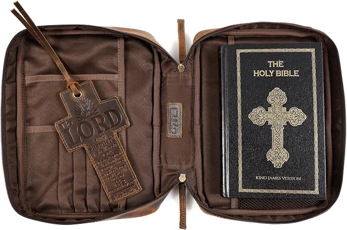 ELIZO Leather Bible Cover for Men Bible Case for Women Zippered Holder Protector Cross Church Tote Bag Carrying Organizer Sleeve Gift Study Antique