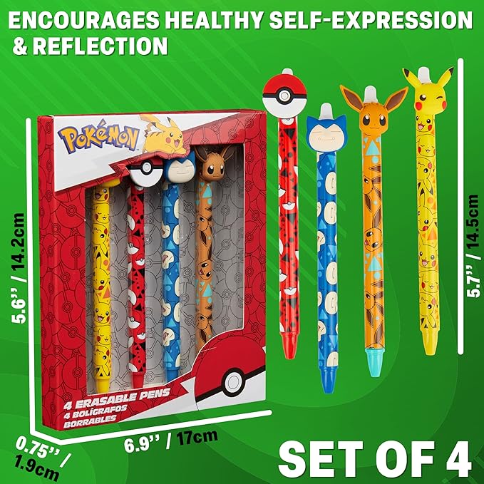 Pokemon Erasable Pens Set with 0.6mm Tip for Kids, Retractable Ballpoint Pens with 3D Toppers for School Drawing Writing Pikachu Anime Gifts for Kids (Multi Pikachu & Eevee)