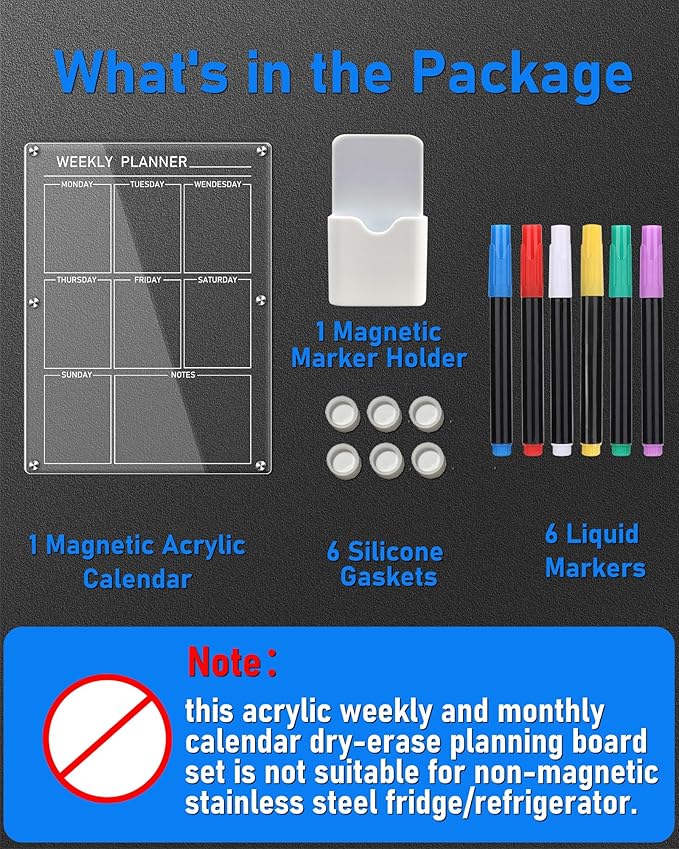 Clear Magnetic Acrylic Calendar for Fridge, bamandan Reusable Magnetic Fridge Calendar Dry Erase Board, 12x16 Inches Weekly Menu Board for Kitchen Fridge Includes 6 Colors Markers