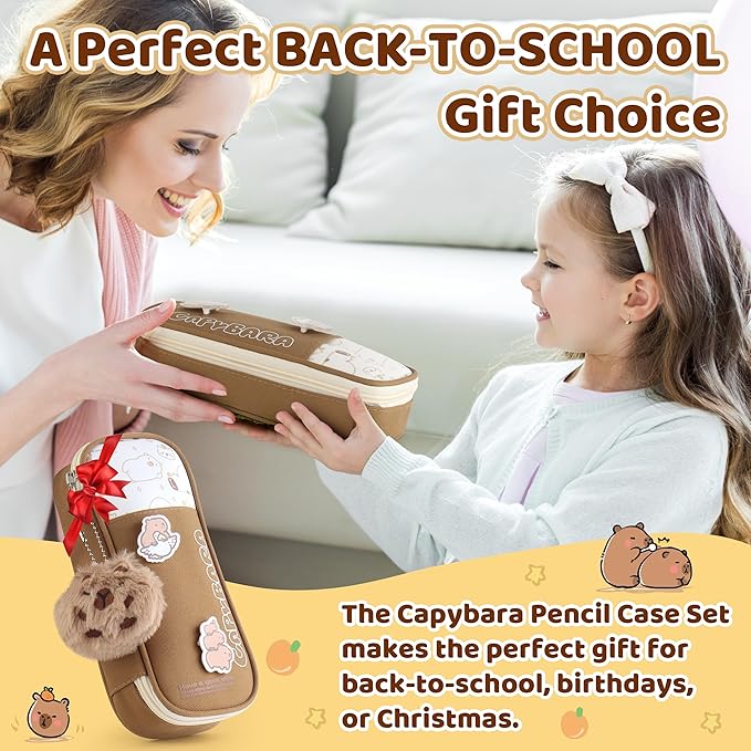 Capybara Gifts Box, Cute Capybara Toy for Girls Kids for Back to School, Birthday, Christmas Gifts with Pencil case, Highlighters, Gel Pens, Pencils, Erasers, Stickers, Sticky Notes, Fuzzy Pendant
