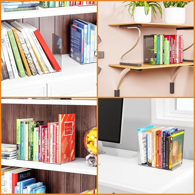 SUOXING 1 Pair Clear Acrylic Book Stopper for Shelves for Shelves Decorative,Invisible Bookends with Non-Slip Mats for Heavy Books,Small Acrylic Book Ends for Office School Supplies and Kids Bookshelf