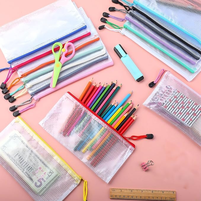 Zhehao 400 Pcs A6 Mesh Zipper Pouch Pencil Pouch with Zipper Waterproof Mesh Storage Bags Small Zipper File Bags for Classroom Organization School Office Supplies, 9.5 x 4.5 Inch (16 Assorted Colors)