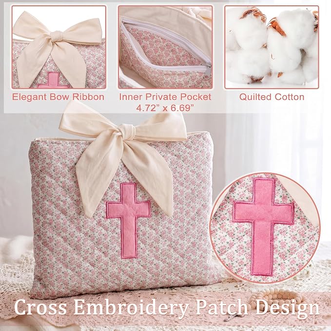 Honoson Quilted Bow Bible Sleeve Cover Case Padded Protector Washable Bible Bag Pouch Christian Gift for Women Girls Book Lover Gifts(Pink Floral Cross)