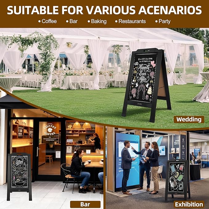 Magnetic Portable A-Frame Chalkboard Signs, 40" x 20" Large Wood Sandwich Board Signs Outdoor, Double-Sided Sidewalk Standing Chalk Board for Business, Wedding, Vendor Display, Coffee Shope - Black
