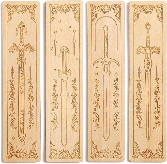 Lord of Rings Bookmarks 4 Pack Engraved Wooden Sword Themed Markers for Tolkien Fans Vintage Reading Accessories