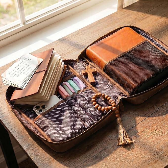 LEATHER VILLAGE Handmade Vintage Genuine Leather Embossed Bible Cover for Men & Women - Large Protective Bible Case & Organizer for Church, Travel & Study Christian Religious Antique Bookmark- Brown