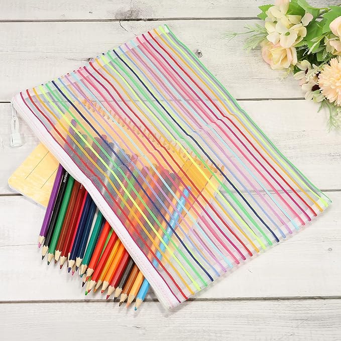 MECCANIXITY Mesh Zipper Pouches, A4 Colorful Pencil Case Document File Bags Storage Organizer for Office Supply Travel Accessory, White Pack of 6