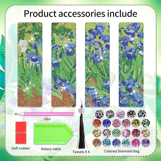 4 PCS Diamond Art Bookmarks Van Gogh Iris, DIY Acrylic Diamond Painting Bookmarks Kits for Adult Reader and Crafts Lovers