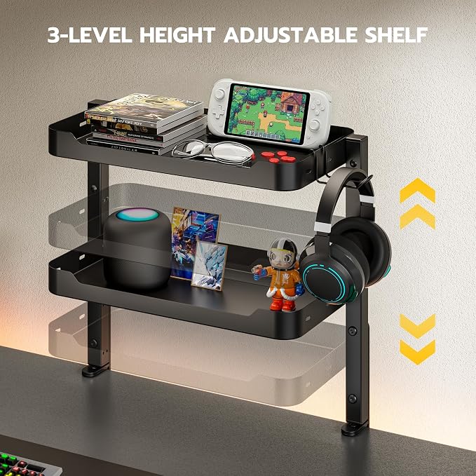 ARES WING 2-Tier Clamp On Desk Shelf, 16 inch Adjustable Above or Under Desk Storage Shelves Holds 66 lbs, Heavy Duty Desktop Organizer with Headphone Holder for Working and Gaming Accessories, Black