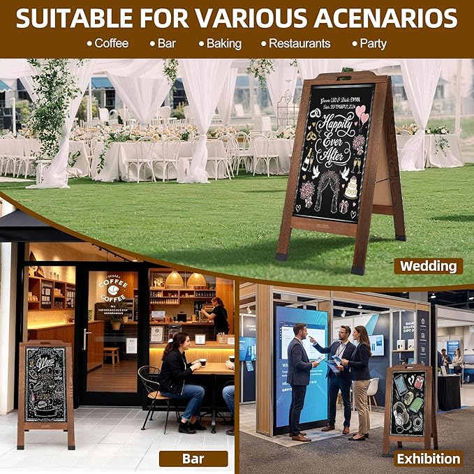 Magnetic Portable A-Frame Chalkboard Signs, 40" x 20" Large Wood Sandwich Board Signs Outdoor, Double-Sided Sidewalk Standing Chalk Board for Business, Wedding, Vendor Display, Coffee Shope - Brown